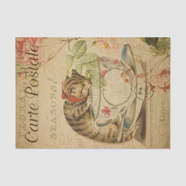 French Style Carte Postale Cat and a Tea Cup Tissue Paper (Front)