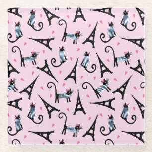 French Style Dressed Cat With Eiffel Tower Pattern Glass Coaster