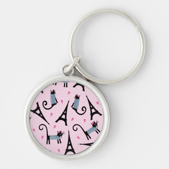 French Style Dressed Cat With Eiffel Tower Pattern Keychain (Front)
