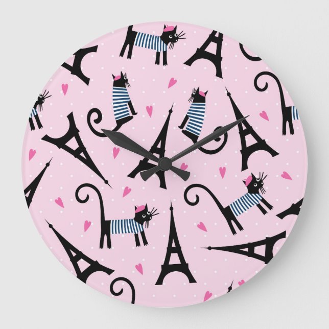 French Style Dressed Cat With Eiffel Tower Pattern Large Clock (Front)
