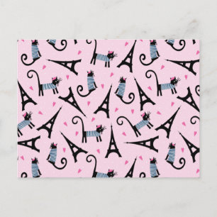 French Style Dressed Cat With Eiffel Tower Pattern Postcard