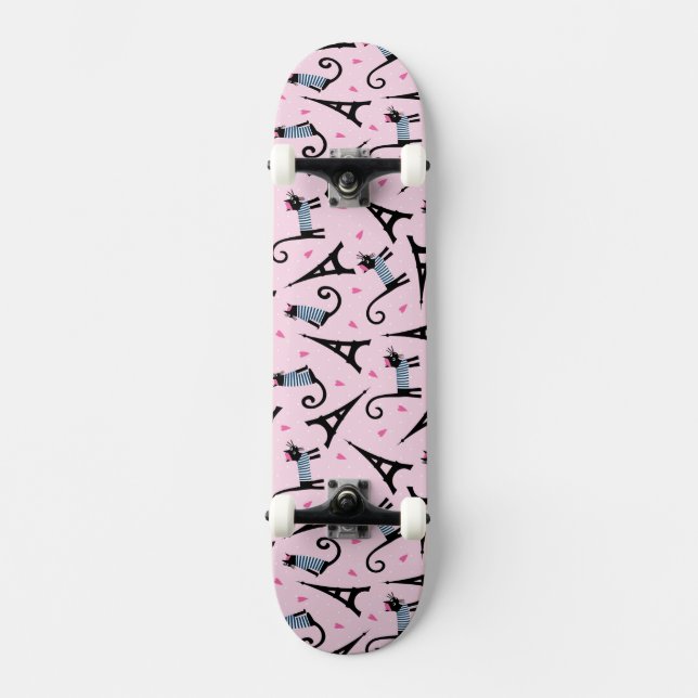 French Style Dressed Cat With Eiffel Tower Pattern Skateboard (Front)
