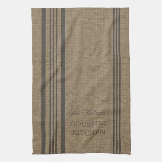 French Style Stripe Burlap Personalized Kitchen Towel (Vertical)