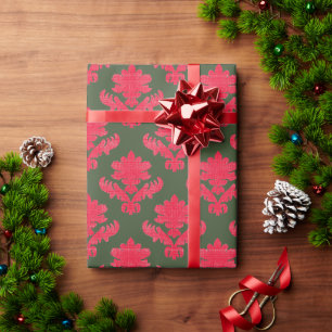 French Tapestry Red and Green Christmas Wrapping Paper