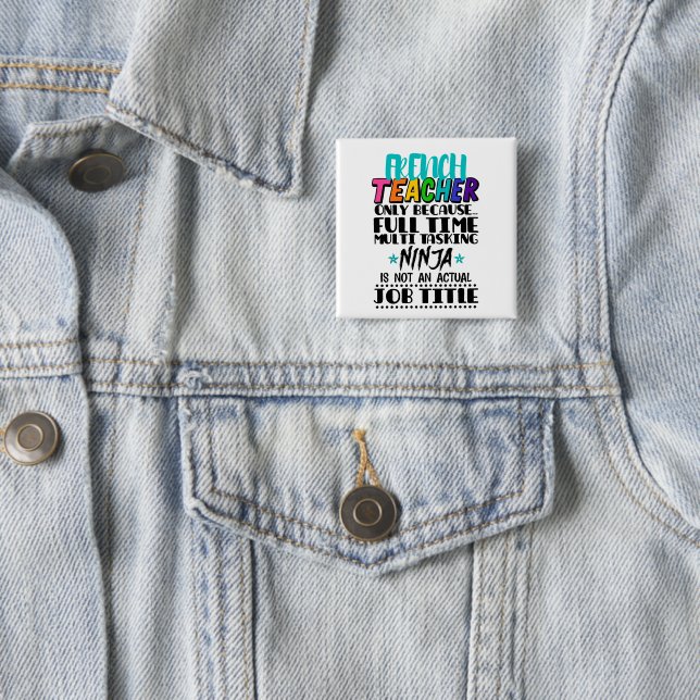 French Teacher Only Because Full Time Multi Task 2 Inch Square Button (In Situ)