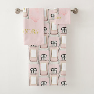 French Theme  Pink Perfume Bottle Chic Monogram Bath Towel Set