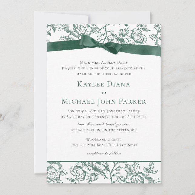 French Toile and Sage Green Bow Invitation (Front)