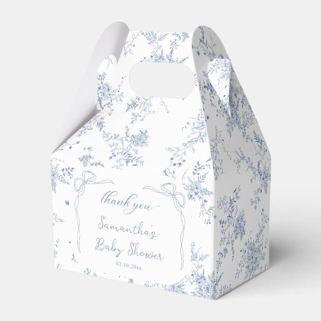 French Toile Blue Baby Shower Favor Box (Front Side)
