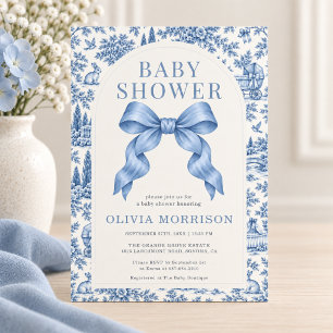 French Toile Blue Bow Baby Shower Boy Invitation