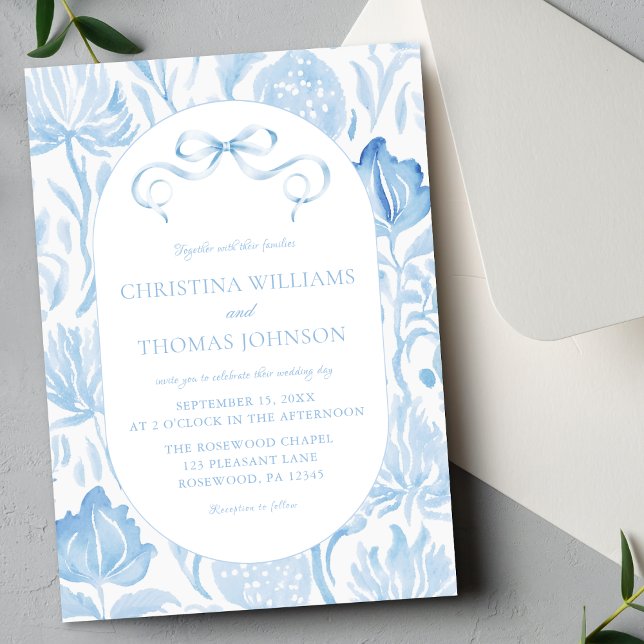 French Toile Blue Bow Wedding Invitation (Creator Uploaded)