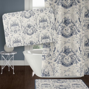 French Toile Blue Peacock Vintage Rooster n Rabbit Bath Mat