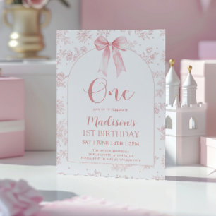 French Toile Chinoiserie Pink Bow 1st Birthday Invitation