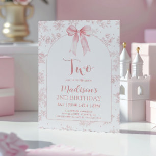 French Toile Chinoiserie Pink Bow 2nd Birthday Invitation