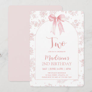 French Toile Chinoiserie Pink Bow 2nd Birthday Invitation