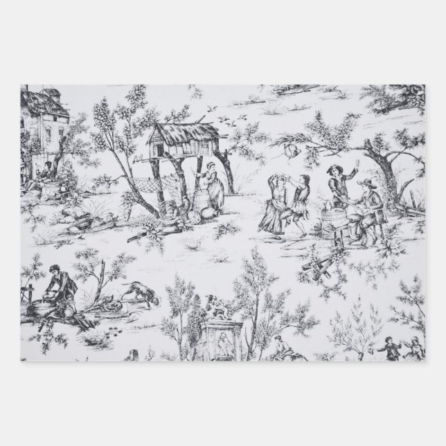 French toile de jouy black and white classic wrapping paper sheet (Front)