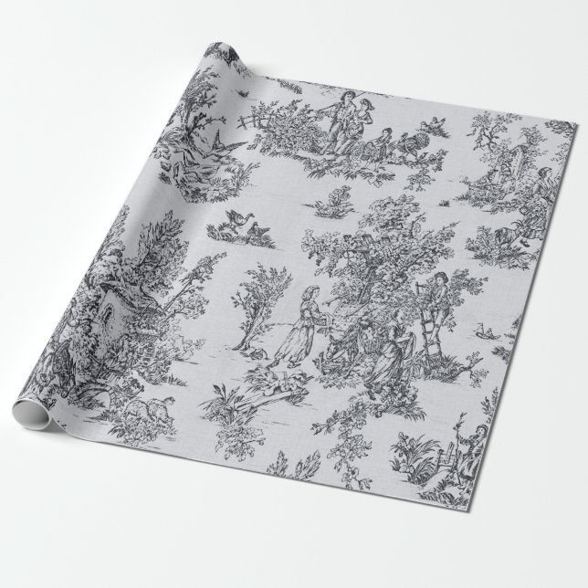 French toile de jouy black and white decoupage wrapping paper (Unrolled)