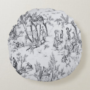 French toile de jouy black and white elegant art round pillow