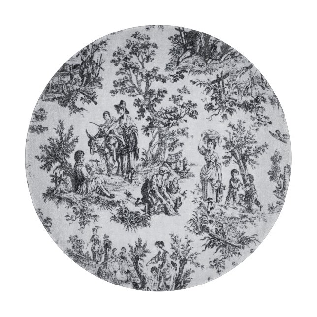 French toile de jouy black and white elegant glass cutting board (Front)