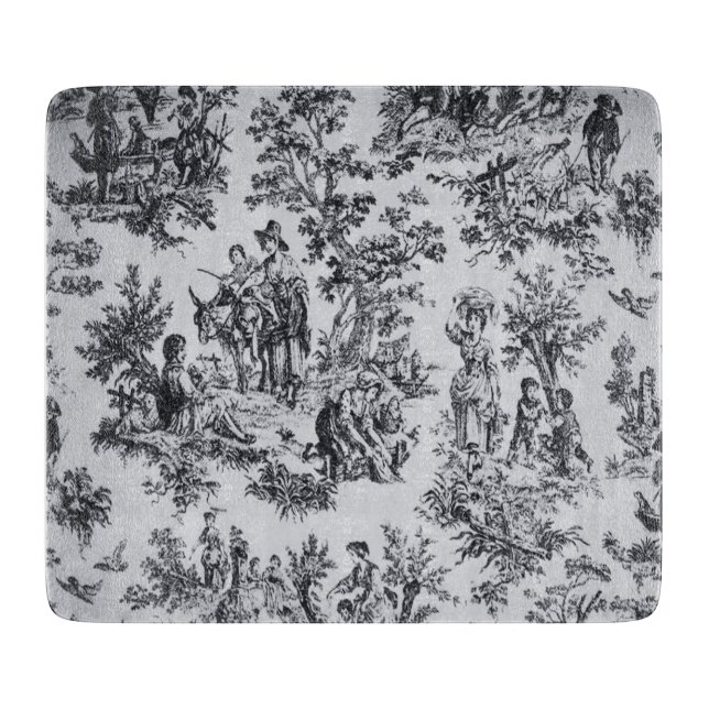 French toile de jouy black and white elegant glass cutting board (Front)
