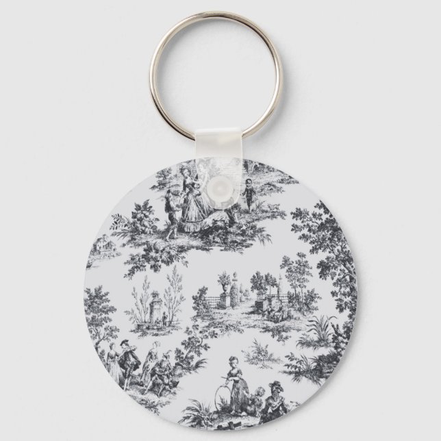 French toile de jouy black and white elegant keychain (Front)
