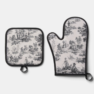 French toile de jouy black and white elegant oven mitt & pot holder set