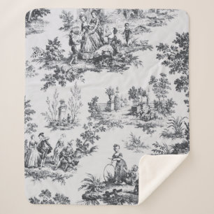 French toile de jouy black and white elegant sherpa blanket