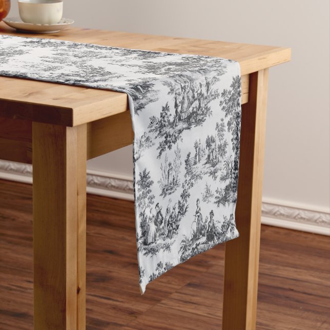 French toile de jouy black and white elegant short table runner (In Situ)