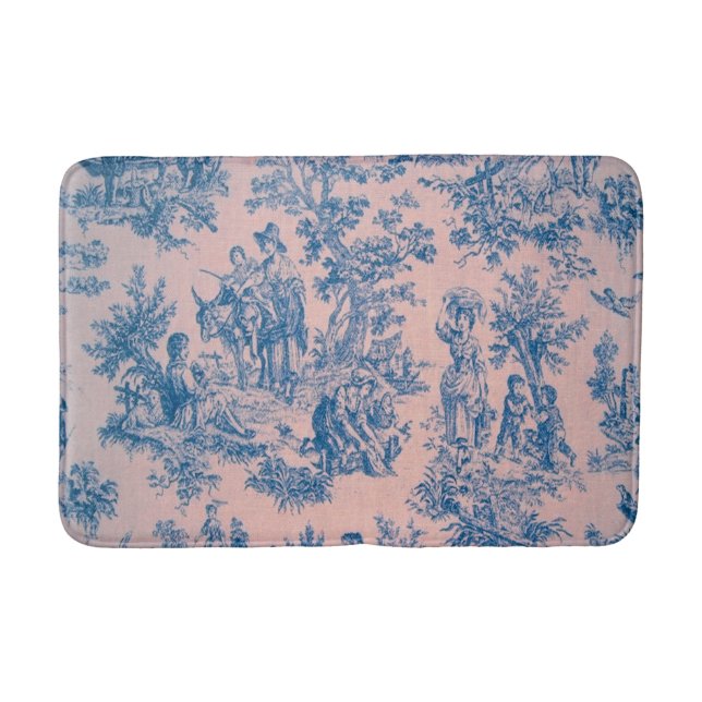 French toile de jouy blue and pink elegant bath mat (Front)