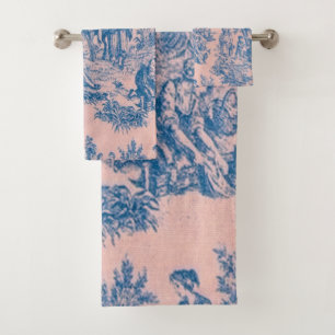 French toile de jouy blue and pink elegant bath towel set