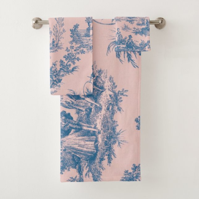 French toile de jouy blue and pink elegant bath towel set (Insitu)
