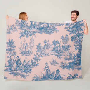 French toile de jouy blue and pink elegant fleece blanket