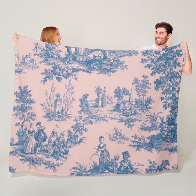 French toile de jouy blue and pink elegant fleece blanket (In Situ)