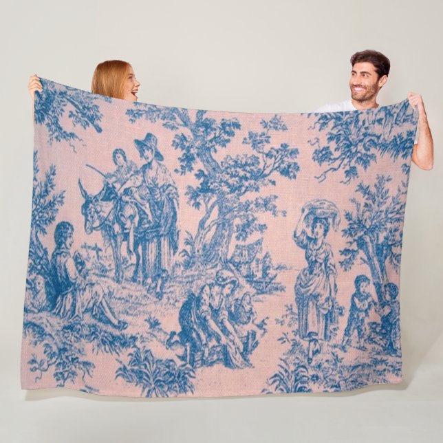 French toile de jouy blue and pink elegant fleece blanket (In Situ)