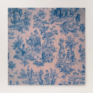 French toile de jouy blue and pink elegant jigsaw puzzle
