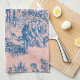 French toile de jouy blue and pink elegant kitchen towel