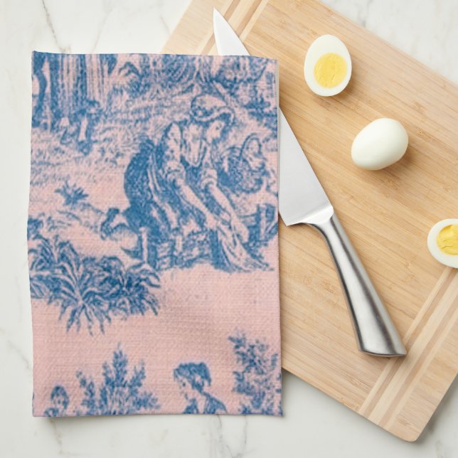 French toile de jouy blue and pink elegant kitchen towel (Quarter Fold)