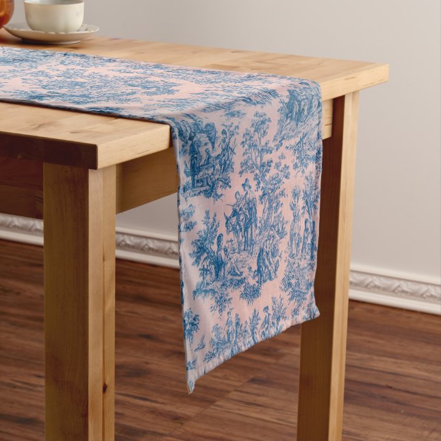 French toile de jouy blue and pink elegant long table runner (In Situ)