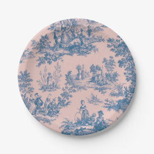 French toile de jouy blue and pink elegant paper plate