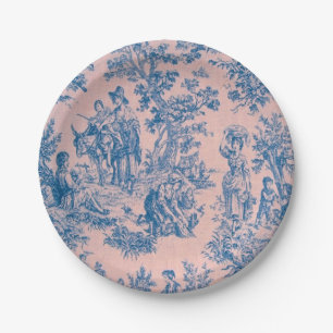 French toile de jouy blue and pink elegant paper plate