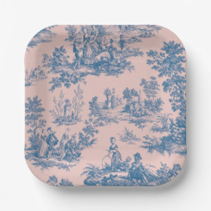 French toile de jouy blue and pink elegant paper plate