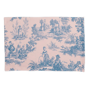 French toile de jouy blue and pink elegant pillowcase