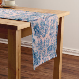 French toile de jouy blue and pink elegant short table runner