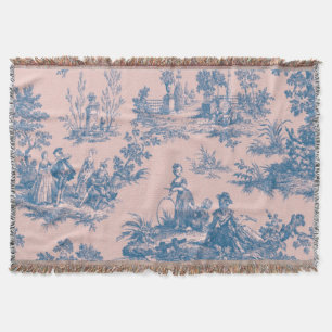 French toile de jouy blue and pink elegant throw blanket