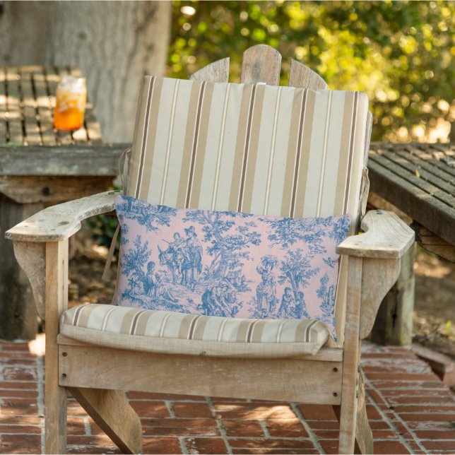 French toile de jouy blue and pink patio outdoor lumbar pillow (Chair)