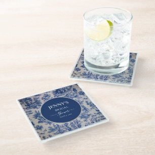 French Toile de Jouy Blue and White Bridal Shower Glass Coaster
