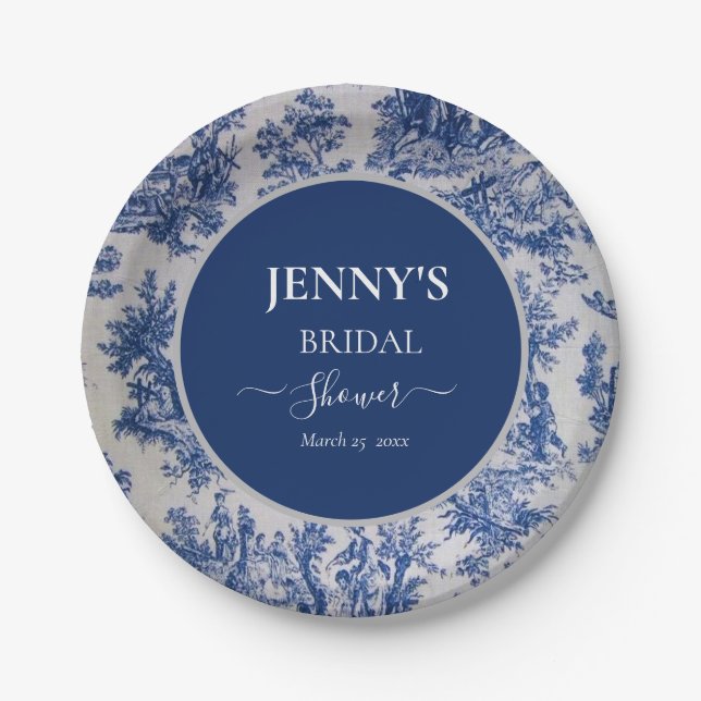 French Toile de Jouy Blue and White Bridal Shower Paper Plate (Front)