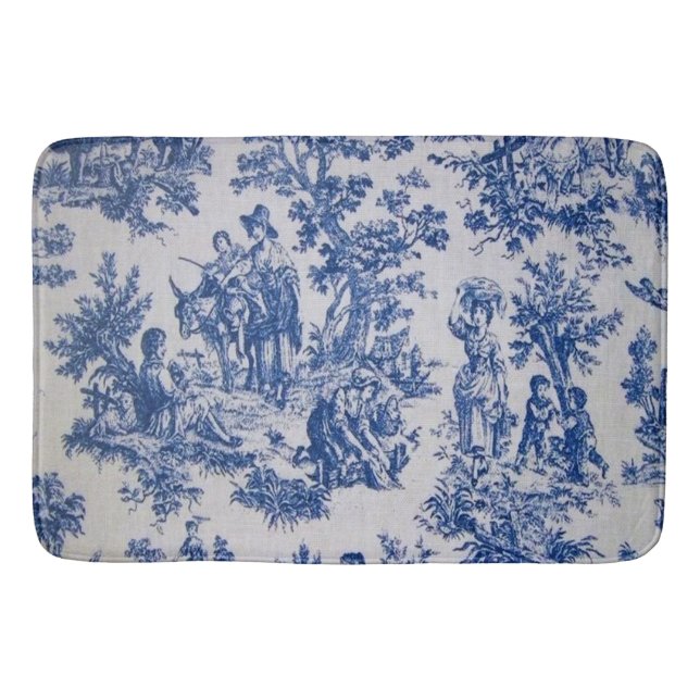 French toile de jouy blue and white elegant bath mat (Front)
