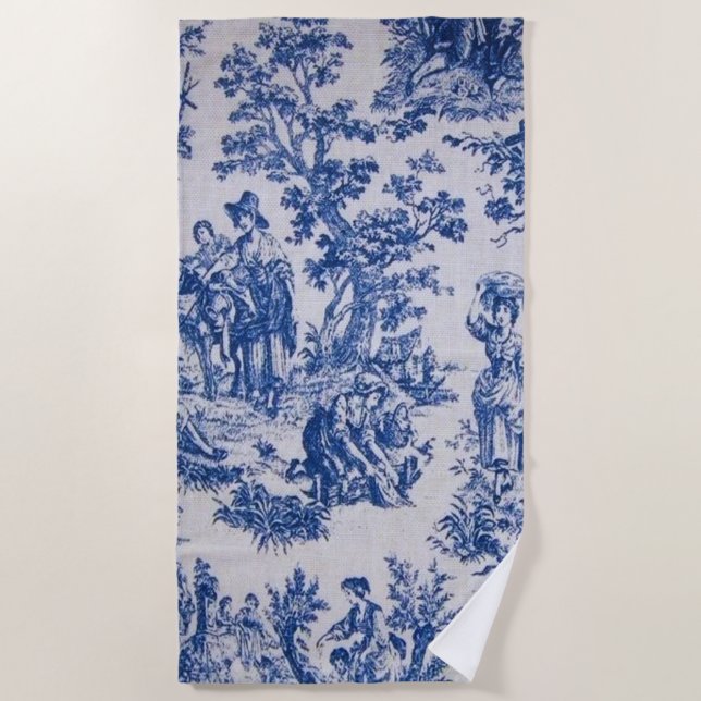 French toile de jouy blue and white elegant beach towel (Front)