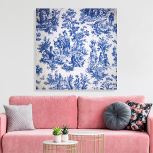 French toile de jouy blue and white elegant canvas print