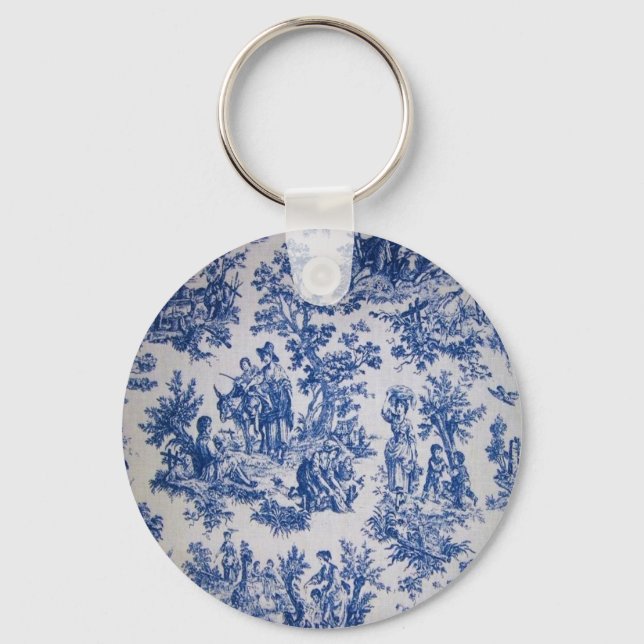 French toile de jouy blue and white elegant keychain (Front)